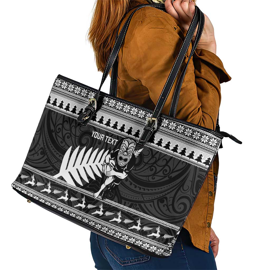 New Zealand Christmas Rugby Personalised Leather Tote Bag Meri Kirihimete All Black Maori - Aussie Hoodie