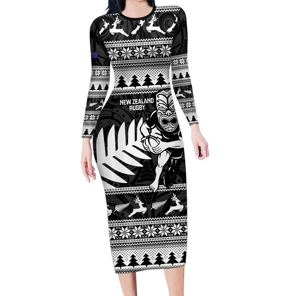 New Zealand Christmas Rugby Personalised Long Sleeve Bodycon Dress Meri Kirihimete All Black Maori - Aussie Hoodie