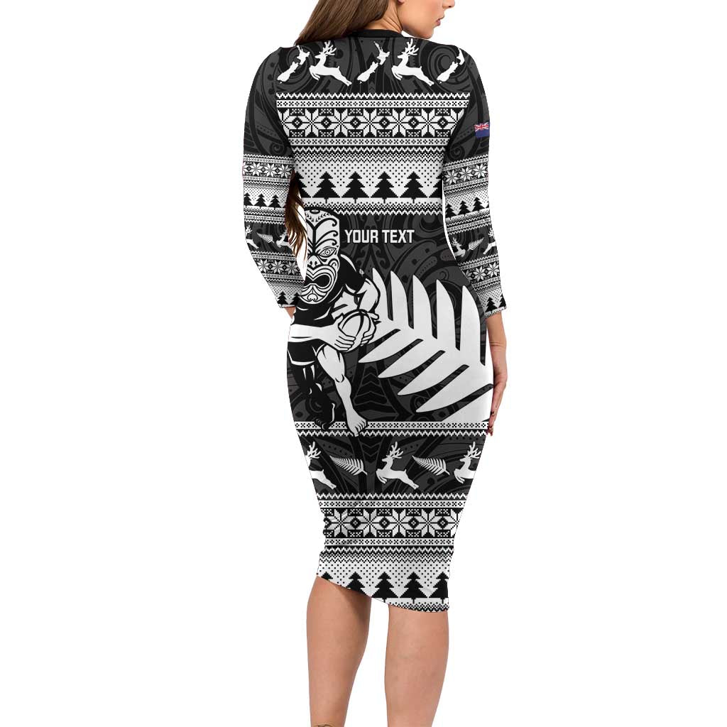 New Zealand Christmas Rugby Personalised Long Sleeve Bodycon Dress Meri Kirihimete All Black Maori - Aussie Hoodie