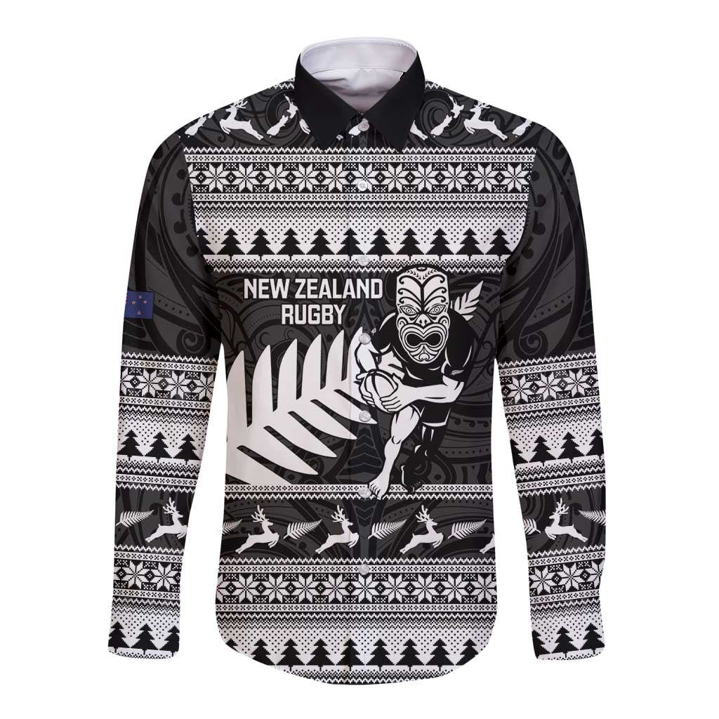 New Zealand Christmas Rugby Personalised Long Sleeve Button Shirt Meri Kirihimete All Black Maori - Aussie Hoodie