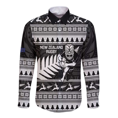 New Zealand Christmas Rugby Personalised Long Sleeve Button Shirt Meri Kirihimete All Black Maori - Aussie Hoodie
