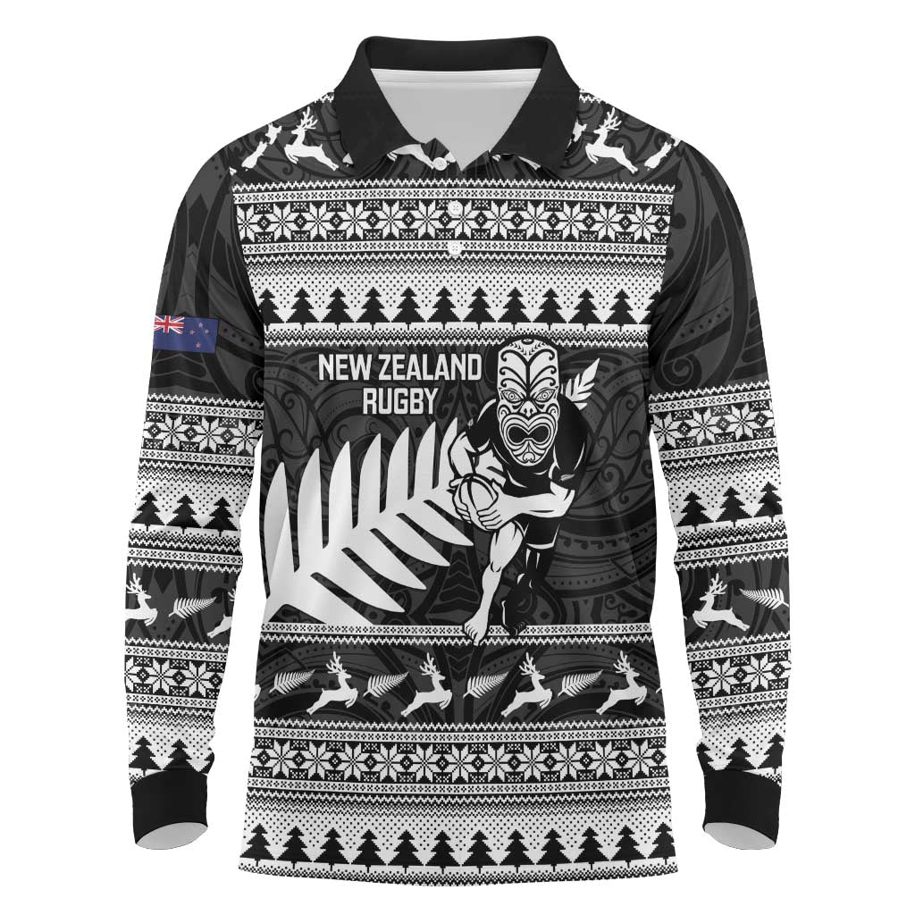 New Zealand Christmas Rugby Personalised Long Sleeve Polo Shirt Meri Kirihimete All Black Maori - Aussie Hoodie