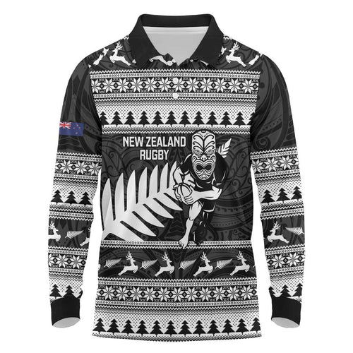 New Zealand Christmas Rugby Personalised Long Sleeve Polo Shirt Meri Kirihimete All Black Maori - Aussie Hoodie