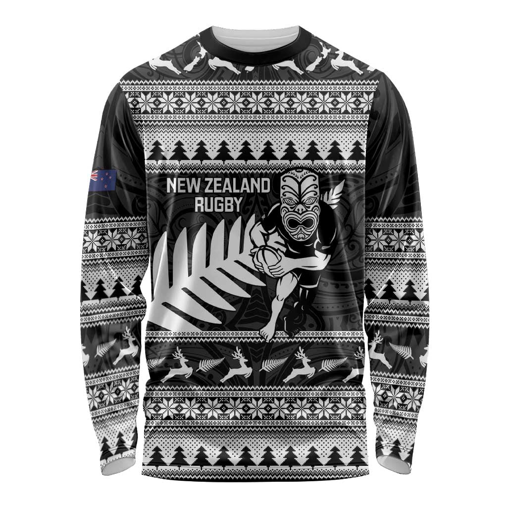 New Zealand Christmas Rugby Personalised Long Sleeve Shirt Meri Kirihimete All Black Maori - Aussie Hoodie