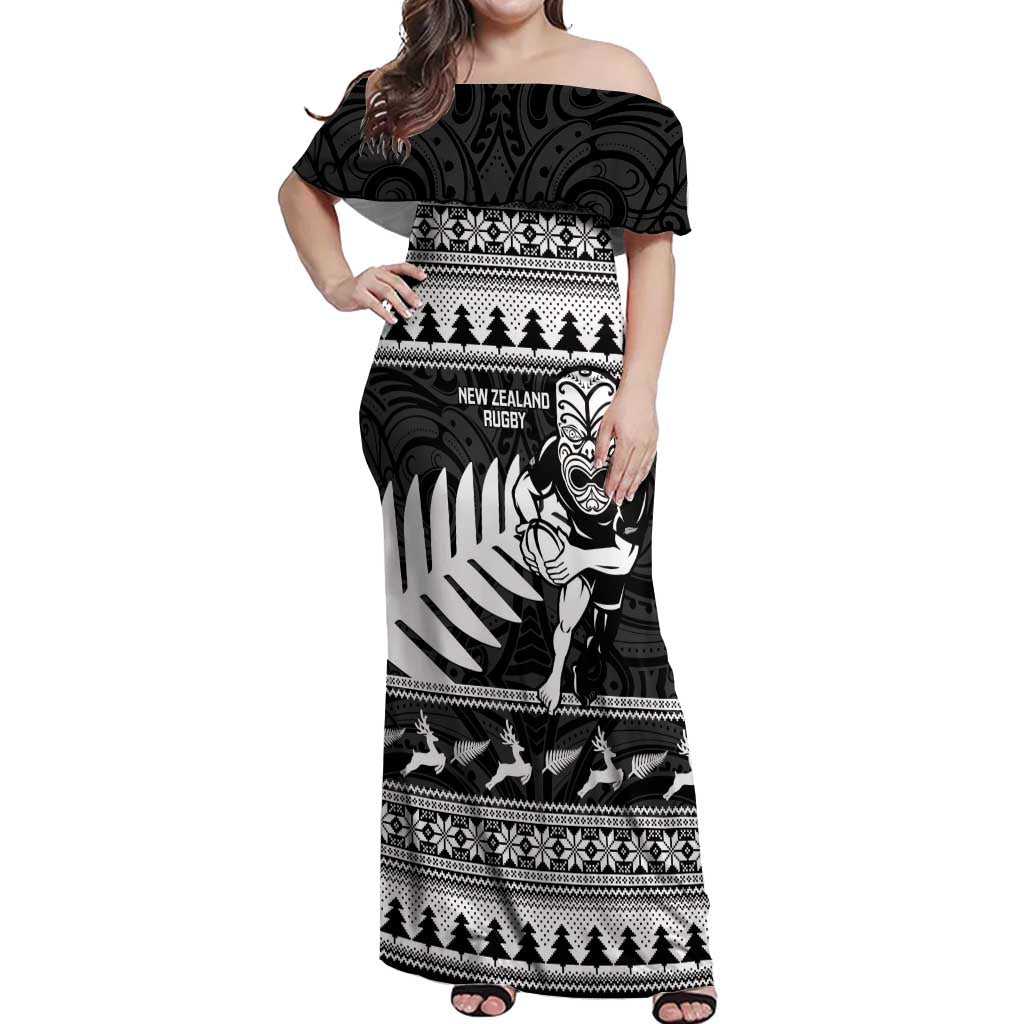 New Zealand Christmas Rugby Personalised Off Shoulder Maxi Dress Meri Kirihimete All Black Maori - Aussie Hoodie