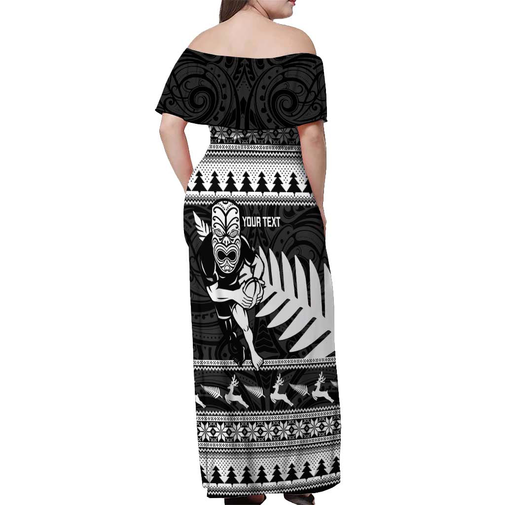 New Zealand Christmas Rugby Personalised Off Shoulder Maxi Dress Meri Kirihimete All Black Maori - Aussie Hoodie