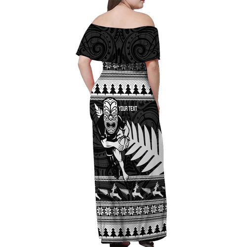 New Zealand Christmas Rugby Personalised Off Shoulder Maxi Dress Meri Kirihimete All Black Maori - Aussie Hoodie
