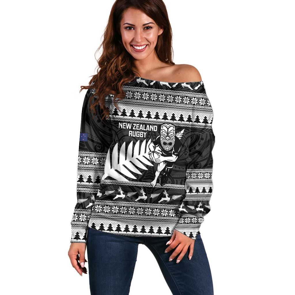 New Zealand Christmas Rugby Personalised Off Shoulder Sweater Meri Kirihimete All Black Maori - Aussie Hoodie