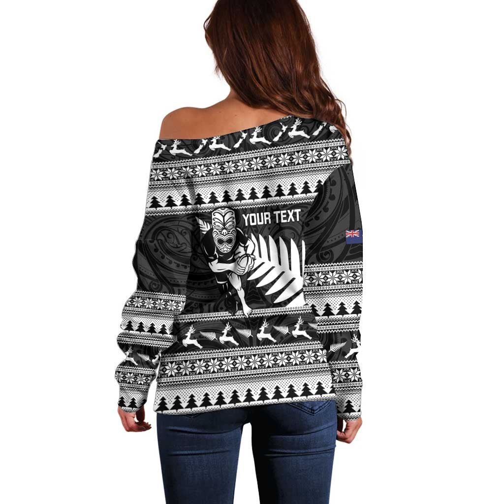 New Zealand Christmas Rugby Personalised Off Shoulder Sweater Meri Kirihimete All Black Maori - Aussie Hoodie