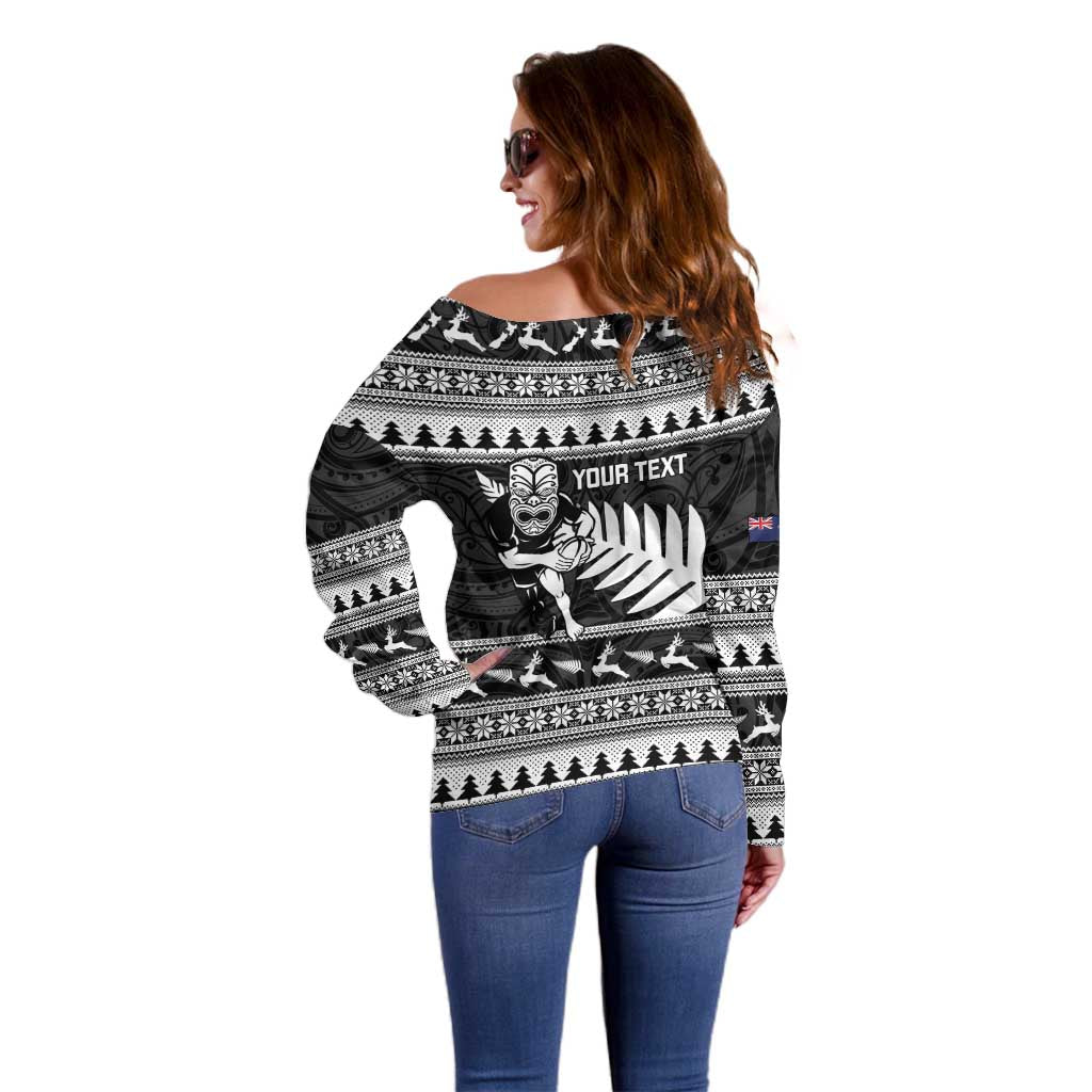 New Zealand Christmas Rugby Personalised Off Shoulder Sweater Meri Kirihimete All Black Maori - Aussie Hoodie