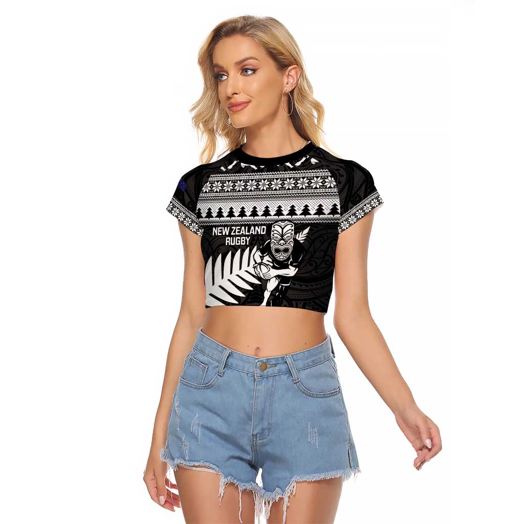 New Zealand Christmas Rugby Personalised Raglan Cropped T Shirt Meri Kirihimete All Black Maori - Aussie Hoodie