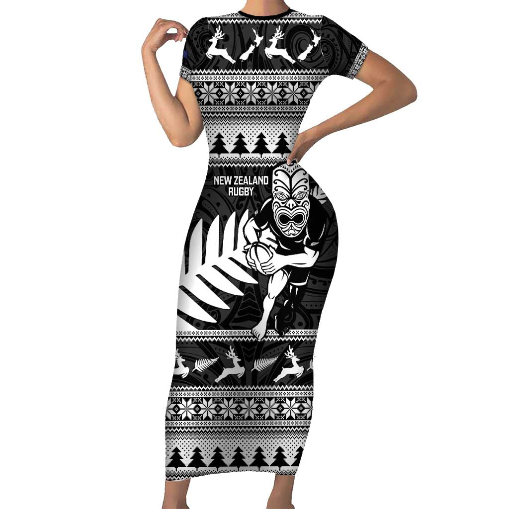 New Zealand Christmas Rugby Personalised Short Sleeve Bodycon Dress Meri Kirihimete All Black Maori - Aussie Hoodie