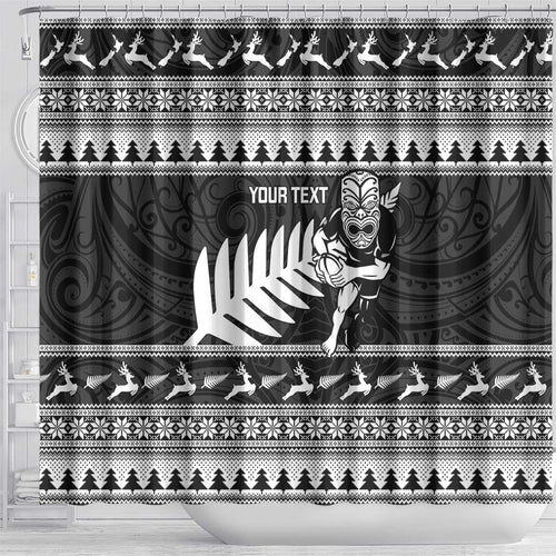 New Zealand Christmas Rugby Personalised Shower Curtain Meri Kirihimete All Black Maori - Aussie Hoodie