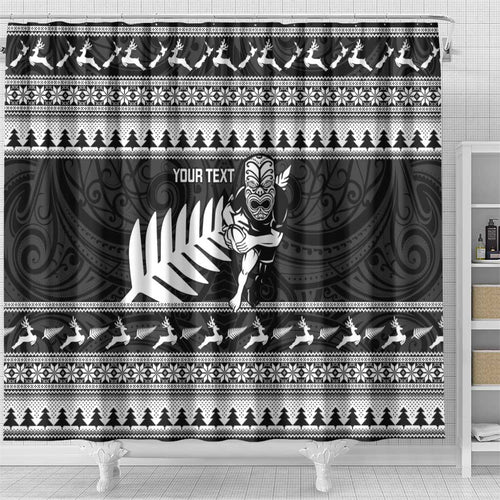 New Zealand Christmas Rugby Personalised Shower Curtain Meri Kirihimete All Black Maori - Aussie Hoodie