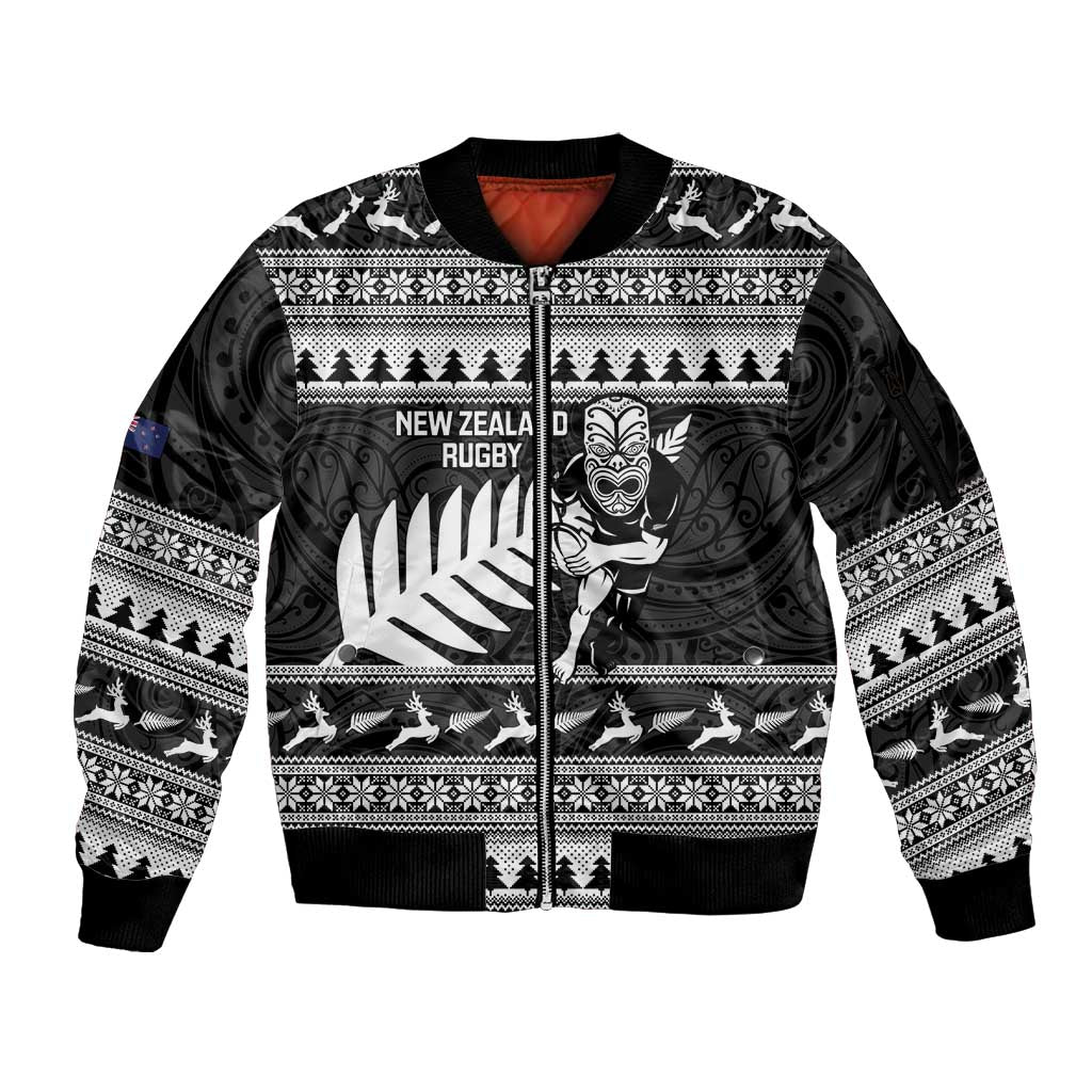 New Zealand Christmas Rugby Personalised Sleeve Zip Bomber Jacket Meri Kirihimete All Black Maori - Aussie Hoodie