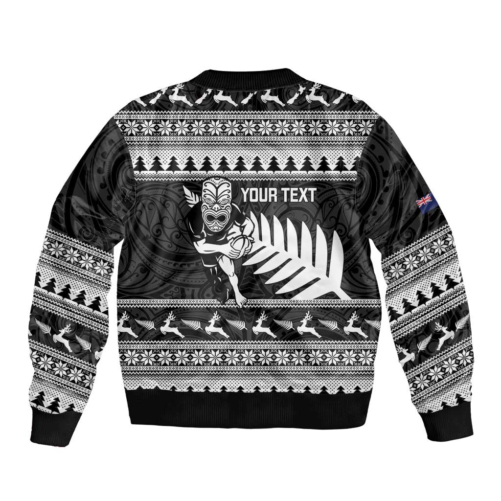 New Zealand Christmas Rugby Personalised Sleeve Zip Bomber Jacket Meri Kirihimete All Black Maori - Aussie Hoodie