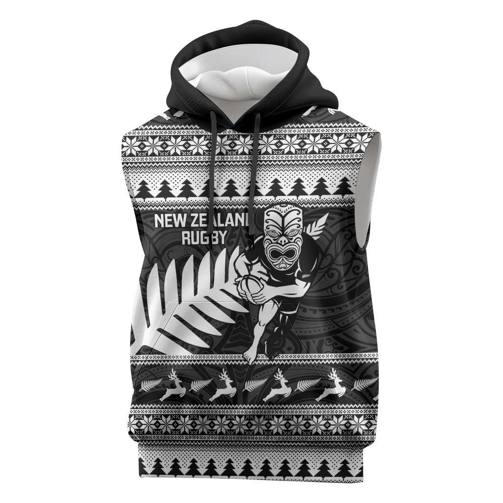 New Zealand Christmas Rugby Personalised Sleeveless Hoodie Meri Kirihimete All Black Maori - Aussie Hoodie