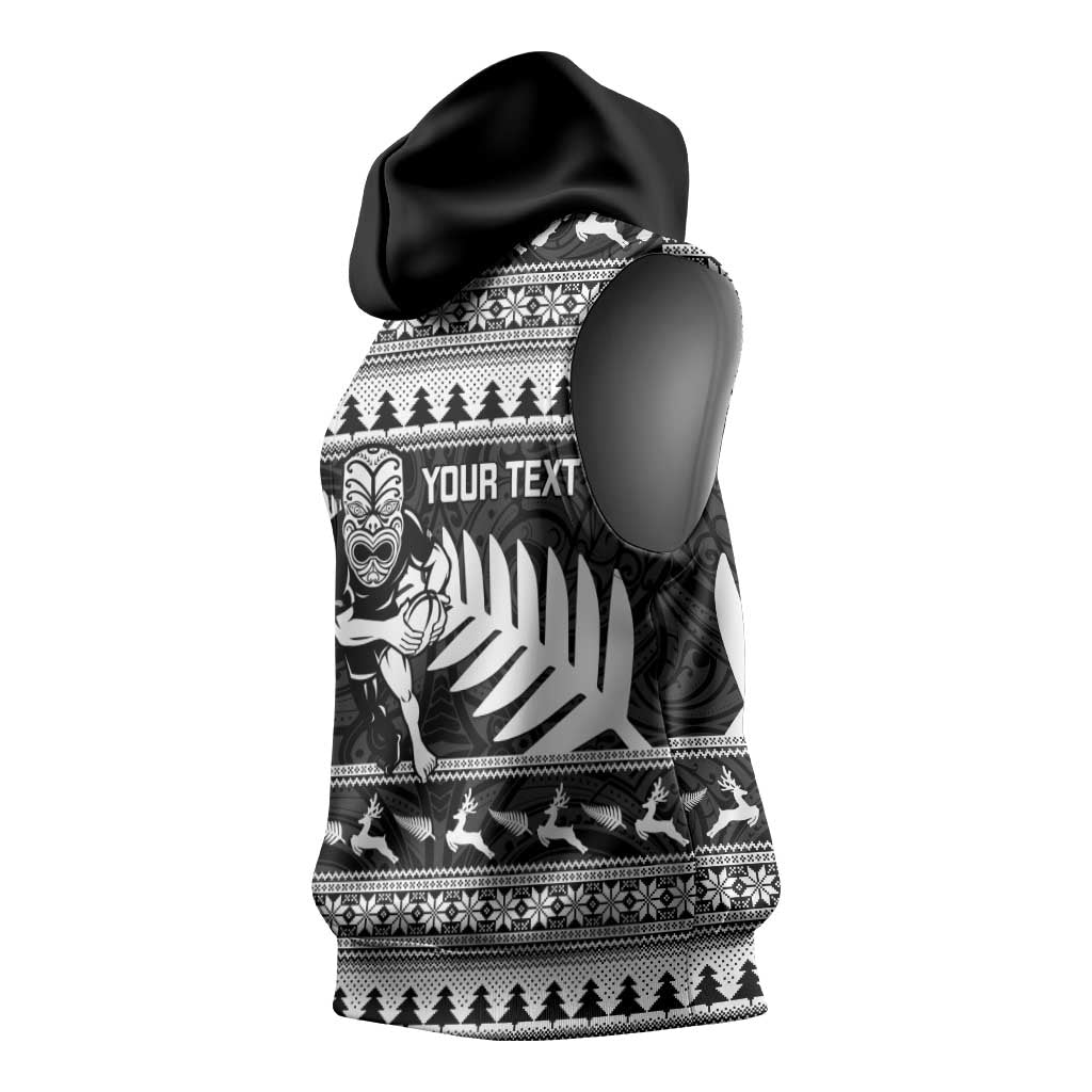 New Zealand Christmas Rugby Personalised Sleeveless Hoodie Meri Kirihimete All Black Maori - Aussie Hoodie