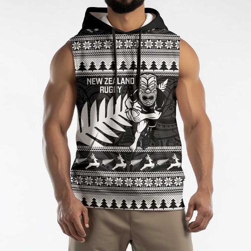 New Zealand Christmas Rugby Personalised Sleeveless Hoodie Meri Kirihimete All Black Maori - Aussie Hoodie