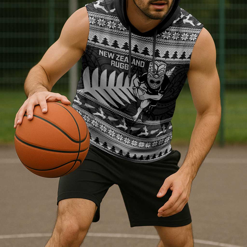 New Zealand Christmas Rugby Personalised Sleeveless Hoodie Meri Kirihimete All Black Maori - Aussie Hoodie