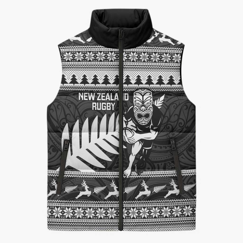 New Zealand Christmas Rugby Personalised Sleeveless Puffer Jacket Meri Kirihimete All Black Maori - Aussie Hoodie