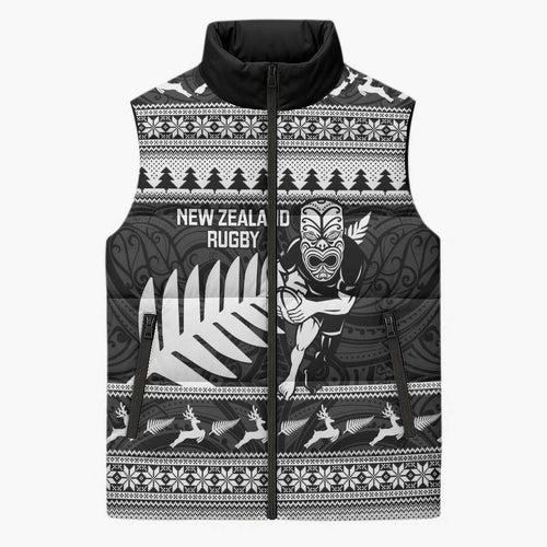 New Zealand Christmas Rugby Personalised Sleeveless Puffer Jacket Meri Kirihimete All Black Maori - Aussie Hoodie