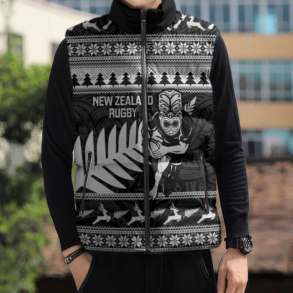 New Zealand Christmas Rugby Personalised Sleeveless Puffer Jacket Meri Kirihimete All Black Maori - Aussie Hoodie
