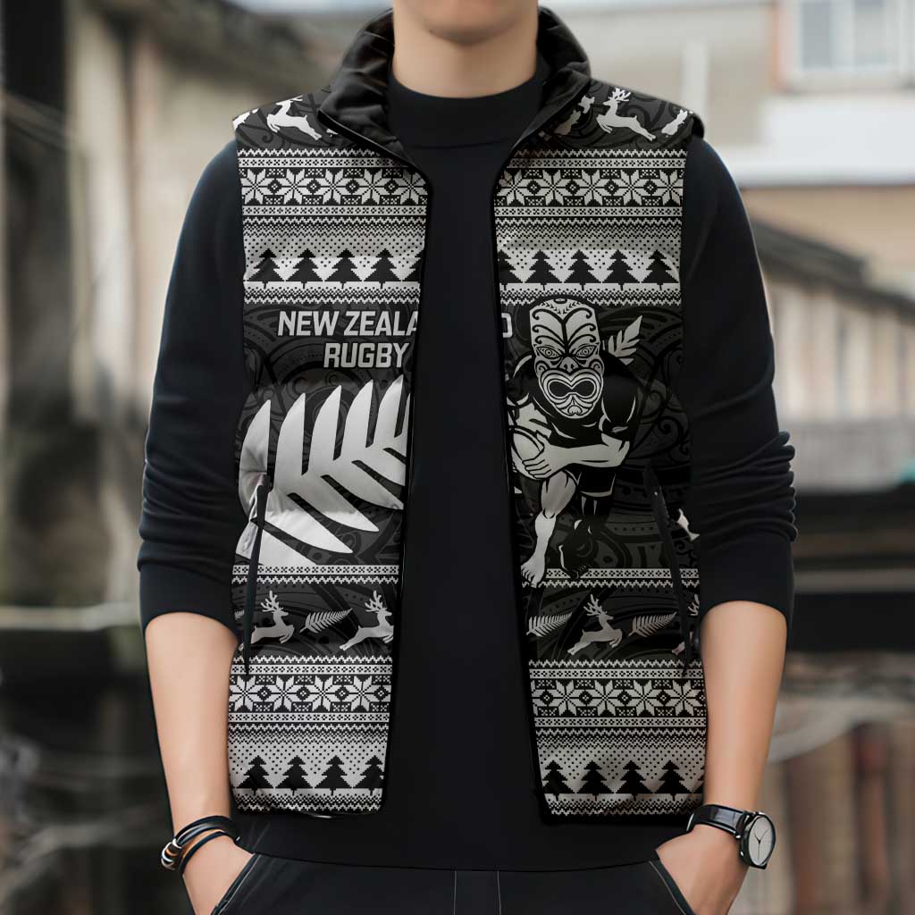 New Zealand Christmas Rugby Personalised Sleeveless Puffer Jacket Meri Kirihimete All Black Maori - Aussie Hoodie