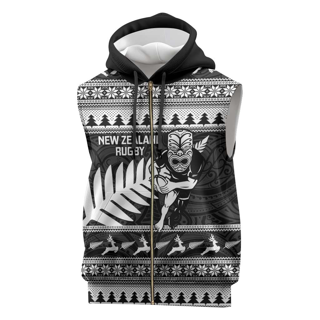 New Zealand Christmas Rugby Personalised Sleeveless Zip Hoodie Meri Kirihimete All Black Maori - Aussie Hoodie