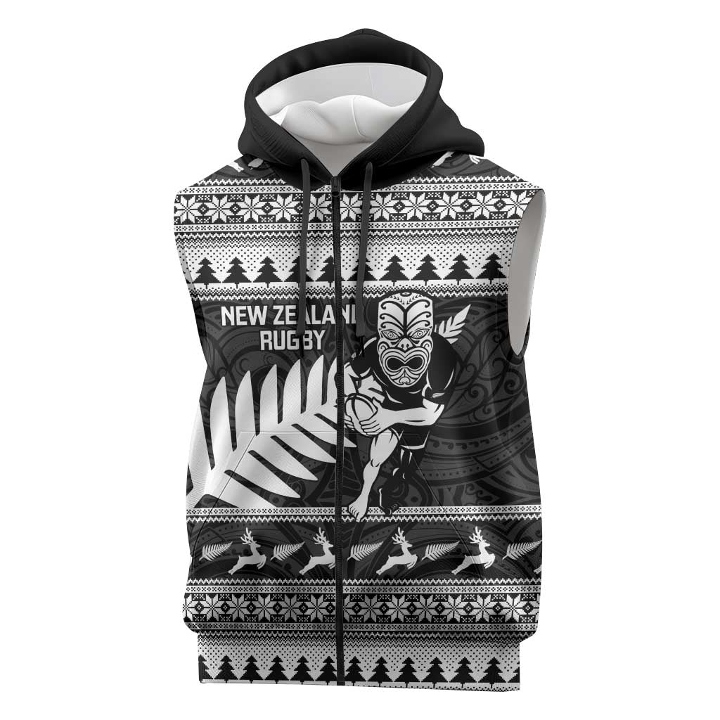 New Zealand Christmas Rugby Personalised Sleeveless Zip Hoodie Meri Kirihimete All Black Maori LT14
