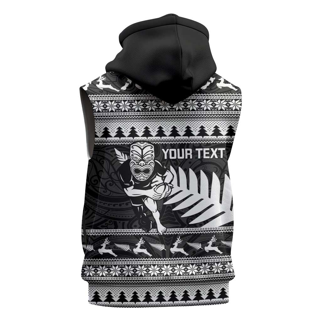 New Zealand Christmas Rugby Personalised Sleeveless Zip Hoodie Meri Kirihimete All Black Maori - Aussie Hoodie