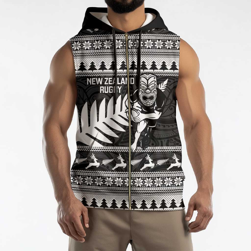 New Zealand Christmas Rugby Personalised Sleeveless Zip Hoodie Meri Kirihimete All Black Maori - Aussie Hoodie