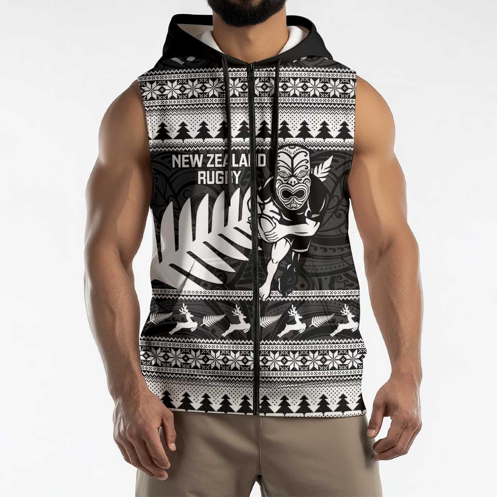 New Zealand Christmas Rugby Personalised Sleeveless Zip Hoodie Meri Kirihimete All Black Maori LT14