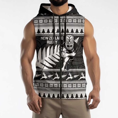 New Zealand Christmas Rugby Personalised Sleeveless Zip Hoodie Meri Kirihimete All Black Maori LT14