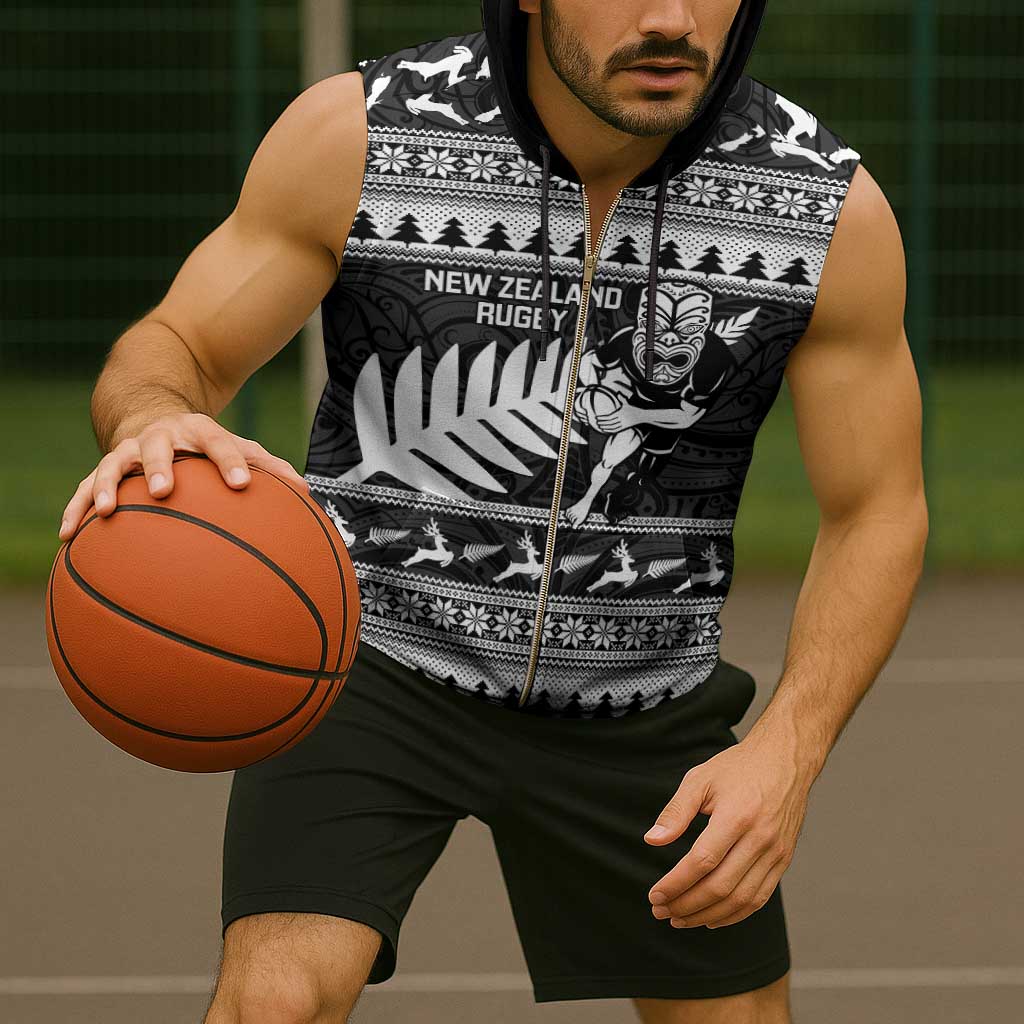 New Zealand Christmas Rugby Personalised Sleeveless Zip Hoodie Meri Kirihimete All Black Maori - Aussie Hoodie