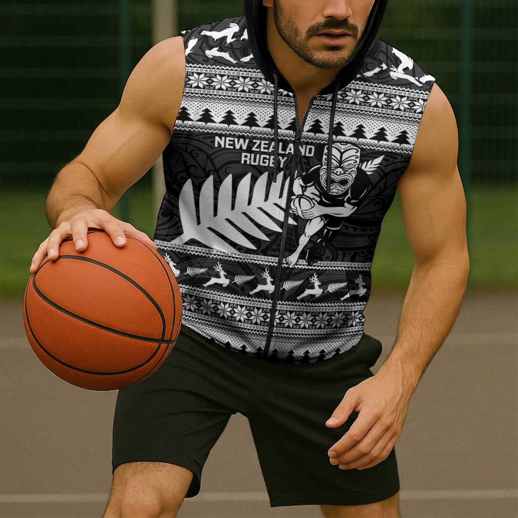 New Zealand Christmas Rugby Personalised Sleeveless Zip Hoodie Meri Kirihimete All Black Maori LT14
