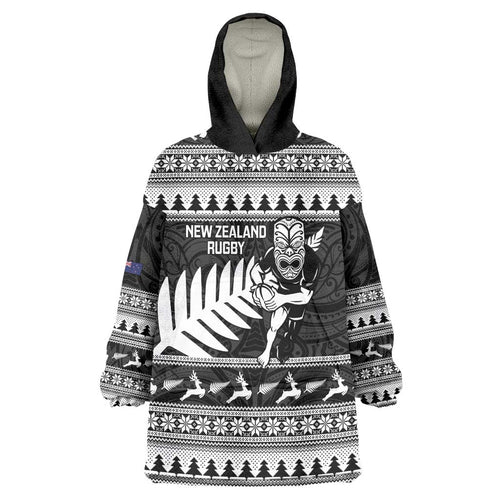 New Zealand Christmas Rugby Personalised Wearable Blanket Hoodie Meri Kirihimete All Black Maori - Aussie Hoodie
