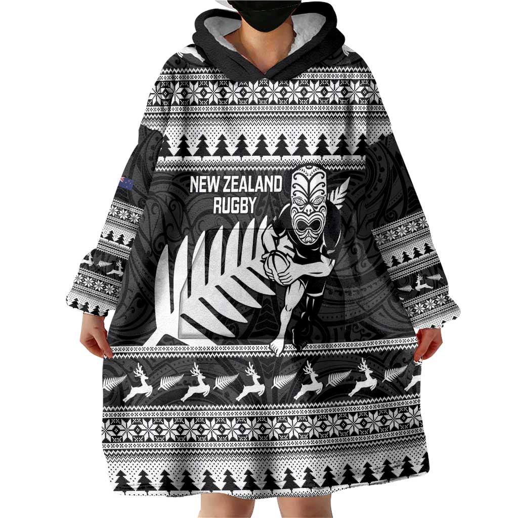 New Zealand Christmas Rugby Personalised Wearable Blanket Hoodie Meri Kirihimete All Black Maori - Aussie Hoodie