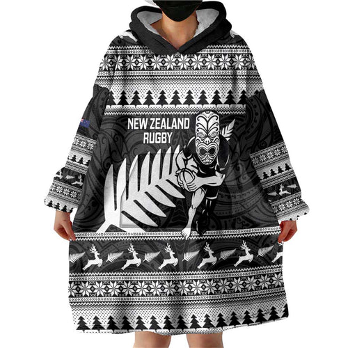 New Zealand Christmas Rugby Personalised Wearable Blanket Hoodie Meri Kirihimete All Black Maori - Aussie Hoodie