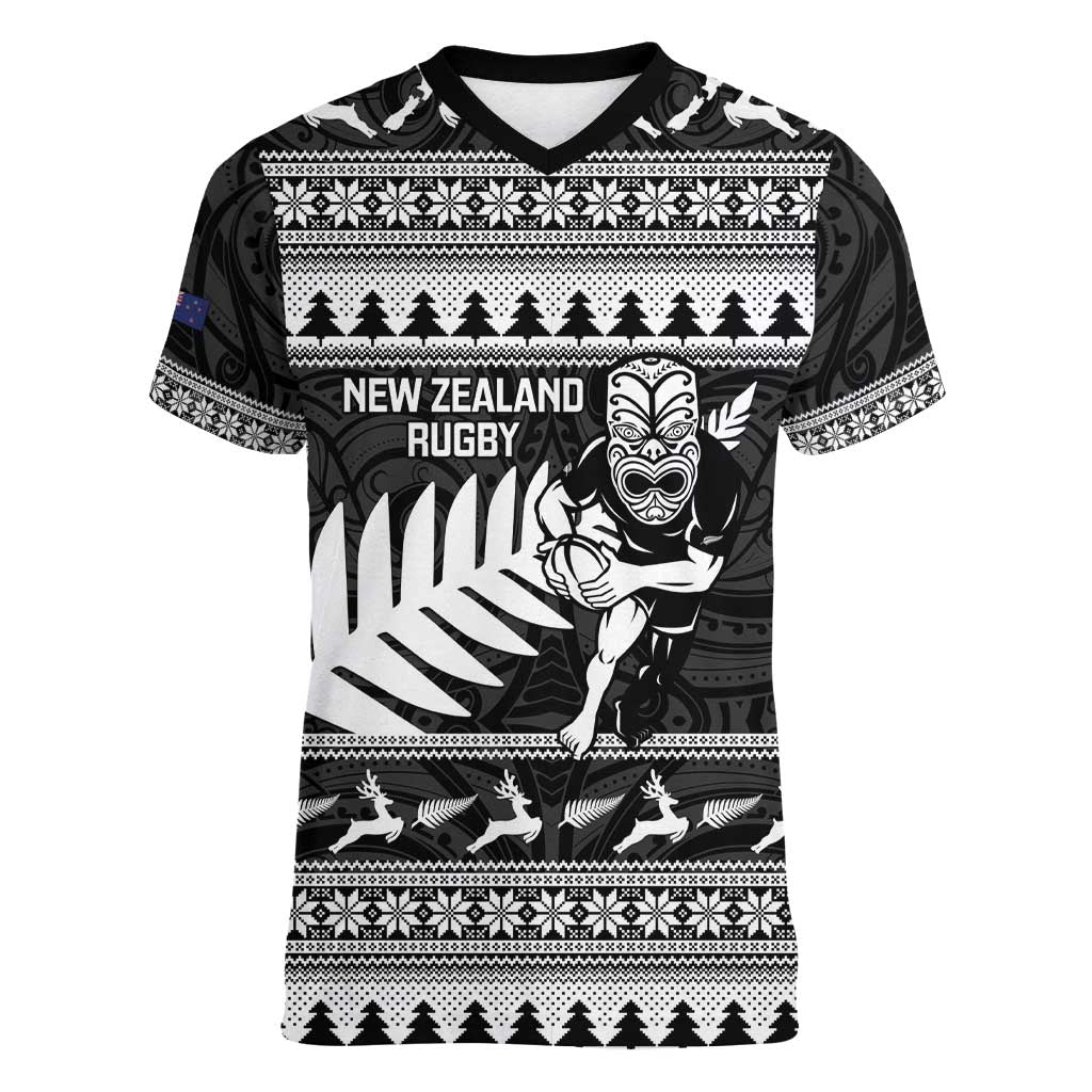 New Zealand Christmas Rugby Personalised Women V-Neck T-Shirt Meri Kirihimete All Black Maori - Aussie Hoodie