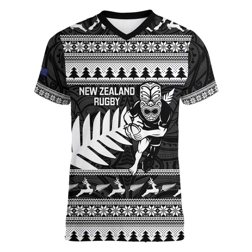 New Zealand Christmas Rugby Personalised Women V-Neck T-Shirt Meri Kirihimete All Black Maori - Aussie Hoodie