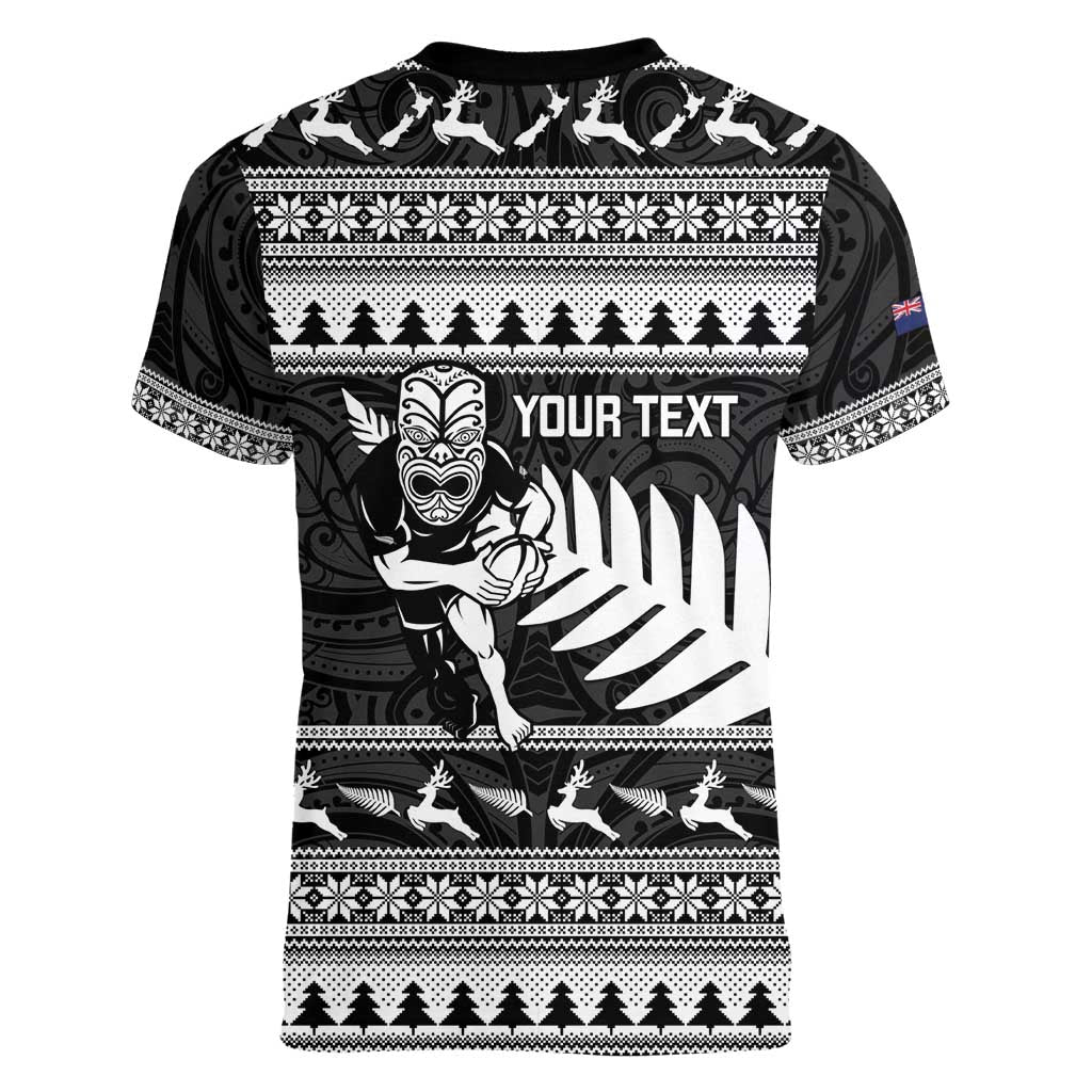 New Zealand Christmas Rugby Personalised Women V-Neck T-Shirt Meri Kirihimete All Black Maori - Aussie Hoodie