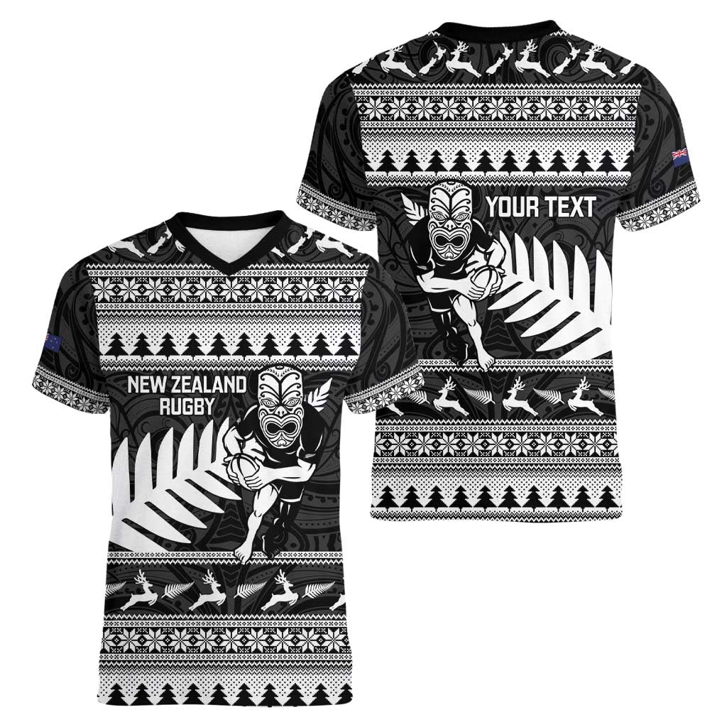 New Zealand Christmas Rugby Personalised Women V-Neck T-Shirt Meri Kirihimete All Black Maori - Aussie Hoodie