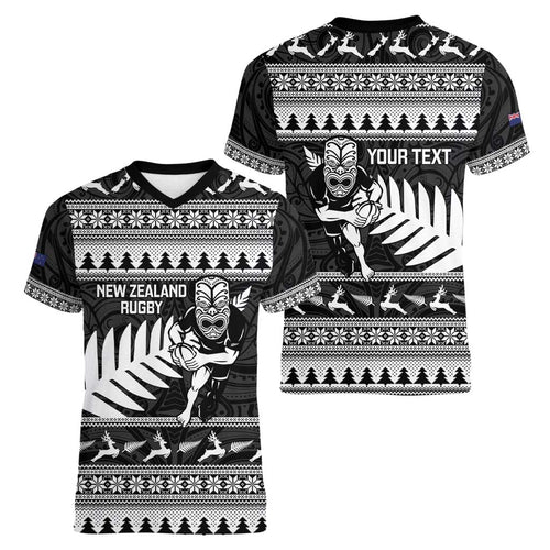 New Zealand Christmas Rugby Personalised Women V-Neck T-Shirt Meri Kirihimete All Black Maori - Aussie Hoodie