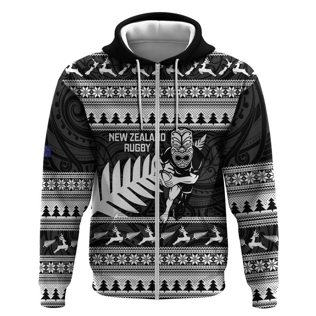 New Zealand Christmas Rugby Personalised Zip Hoodie Meri Kirihimete All Black Maori - Aussie Hoodie