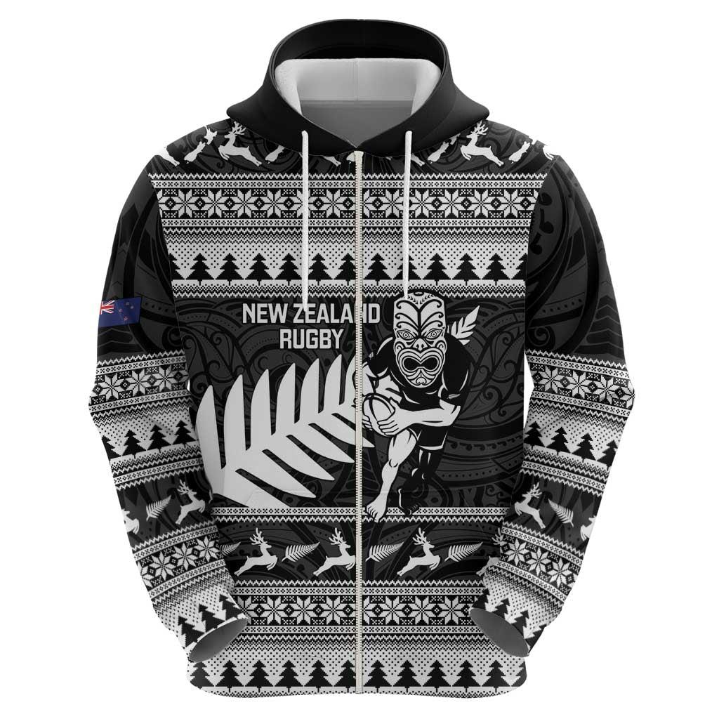 New Zealand Christmas Rugby Personalised Zip Hoodie Meri Kirihimete All Black Maori - Aussie Hoodie