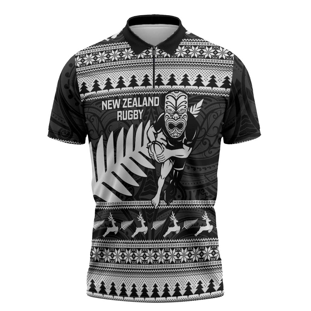 New Zealand Christmas Rugby Personalised Zipper Polo Shirt Meri Kirihimete All Black Maori - Aussie Hoodie
