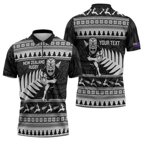 New Zealand Christmas Rugby Personalised Zipper Polo Shirt Meri Kirihimete All Black Maori - Aussie Hoodie