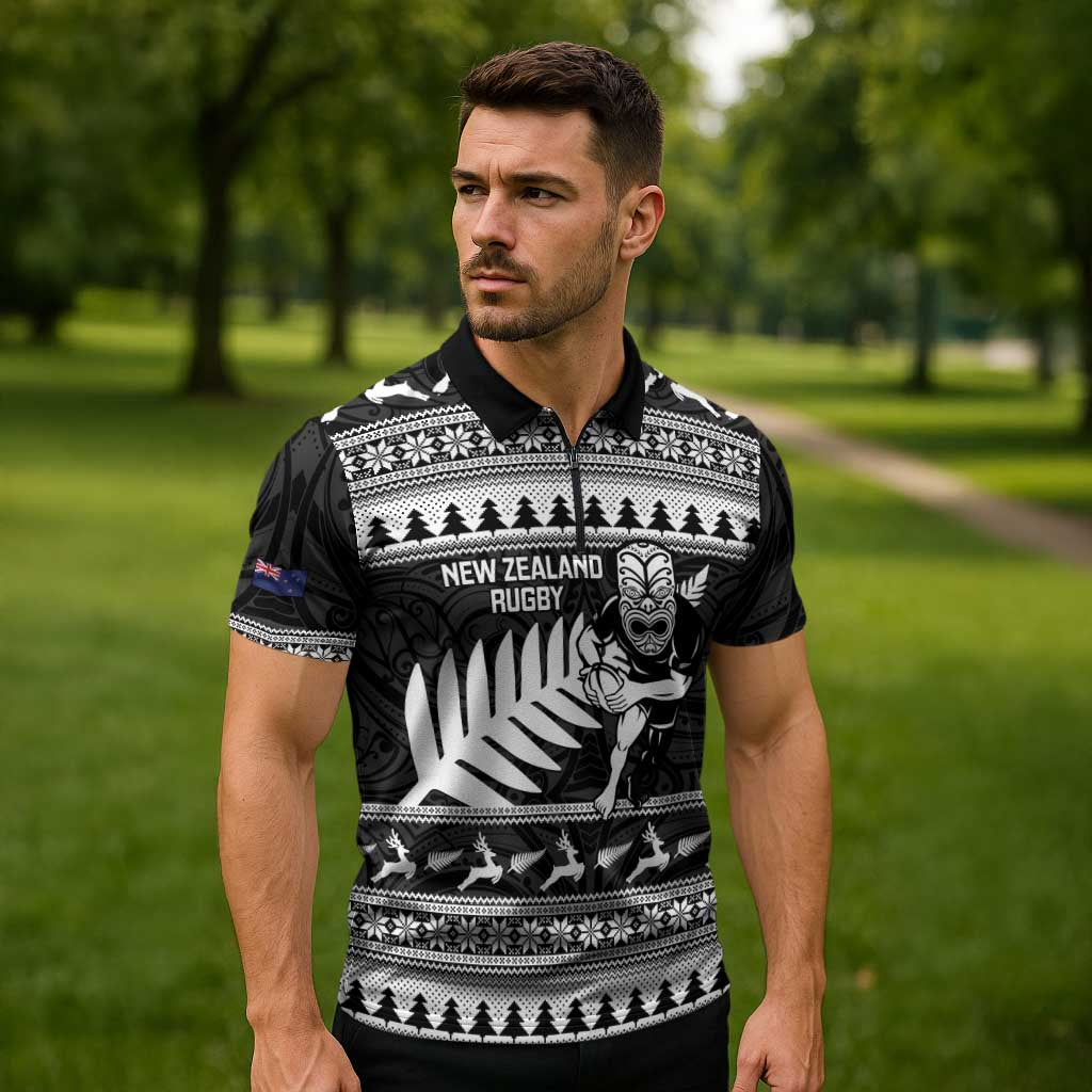 New Zealand Christmas Rugby Personalised Zipper Polo Shirt Meri Kirihimete All Black Maori - Aussie Hoodie