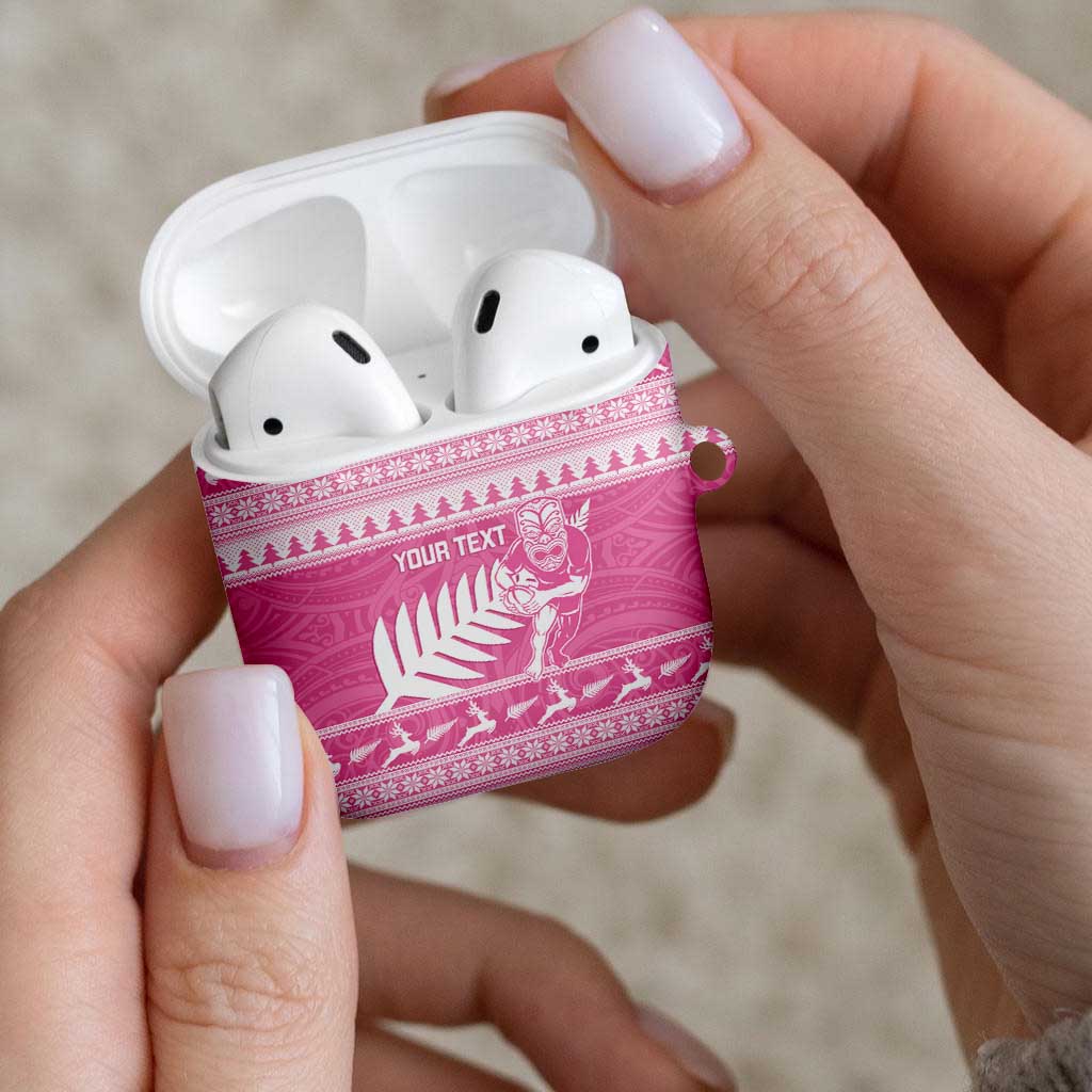 New Zealand Christmas Rugby Personalised AirPods Case Meri Kirihimete All Black Maori Pink Version - Aussie Hoodie